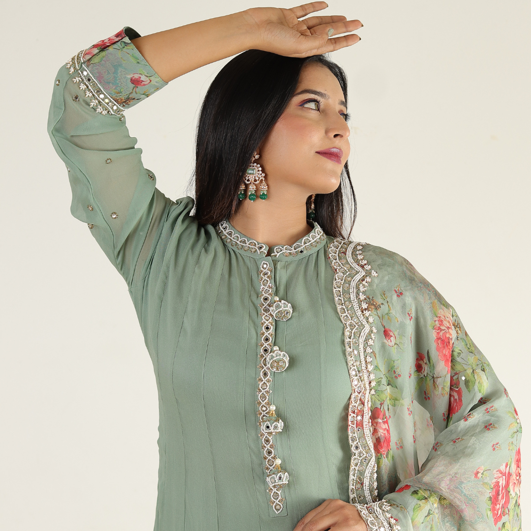 Hand-Embroidered Pista Green Flared Anarkali Dress with Pearl Work