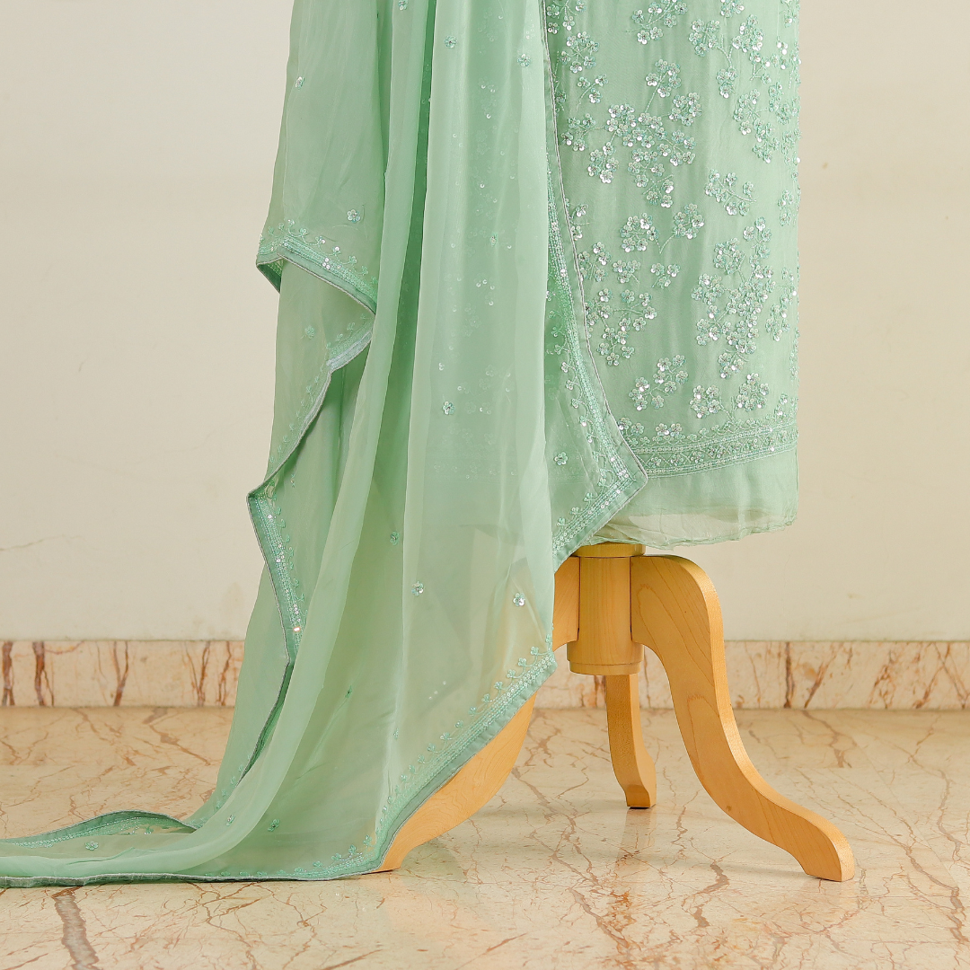 Hand-Embroidered Coral Green Organza Suit with Jaal Pattern