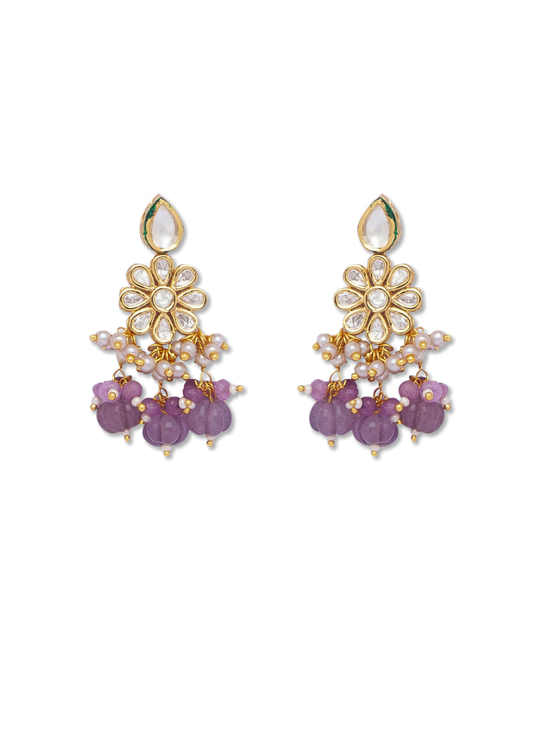 Golden and Light Purple Kundan Earrings with Onyx