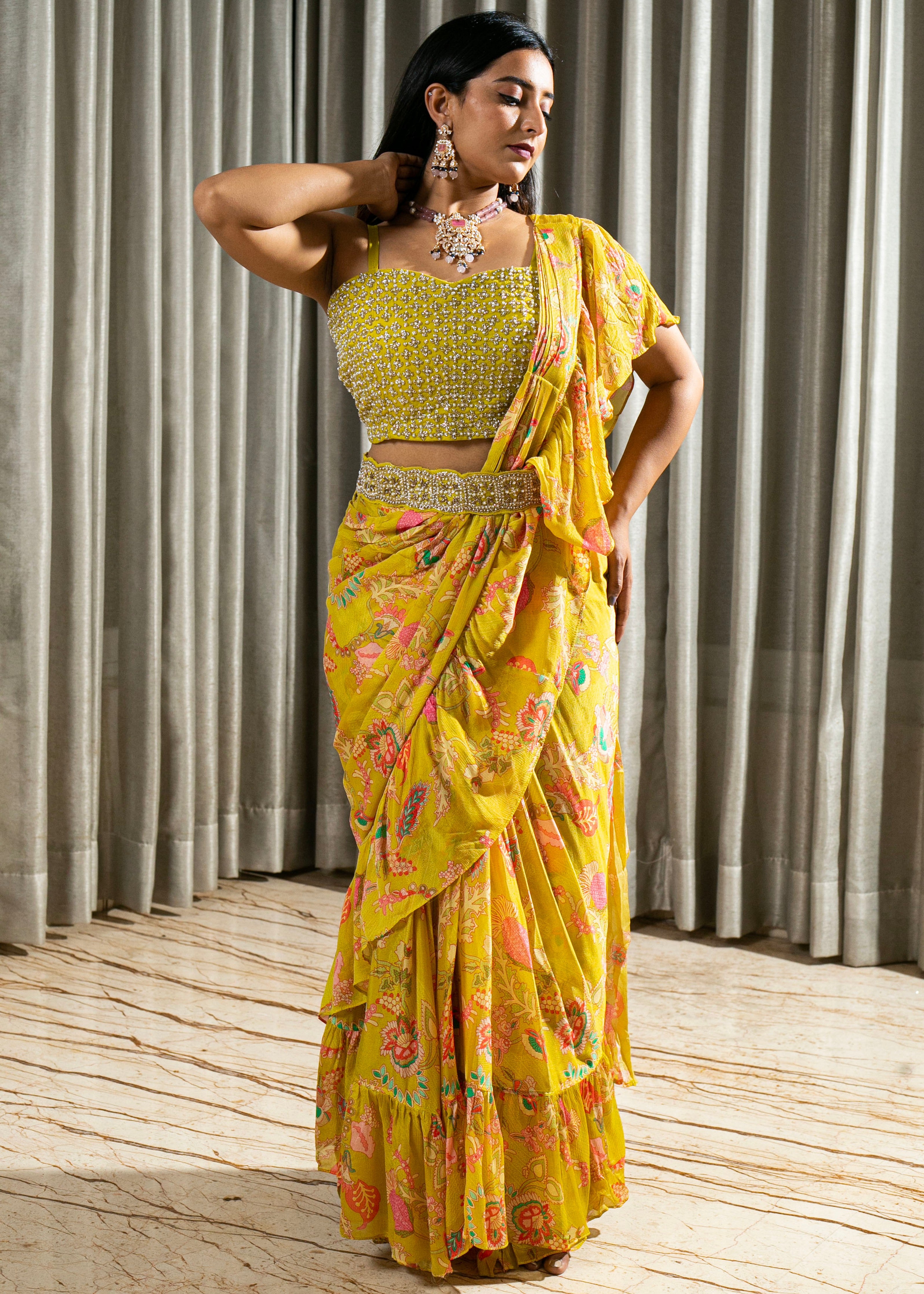Hand Embroidered Digital Printed Chinnon Georgette Saree with Stitched Blouse
