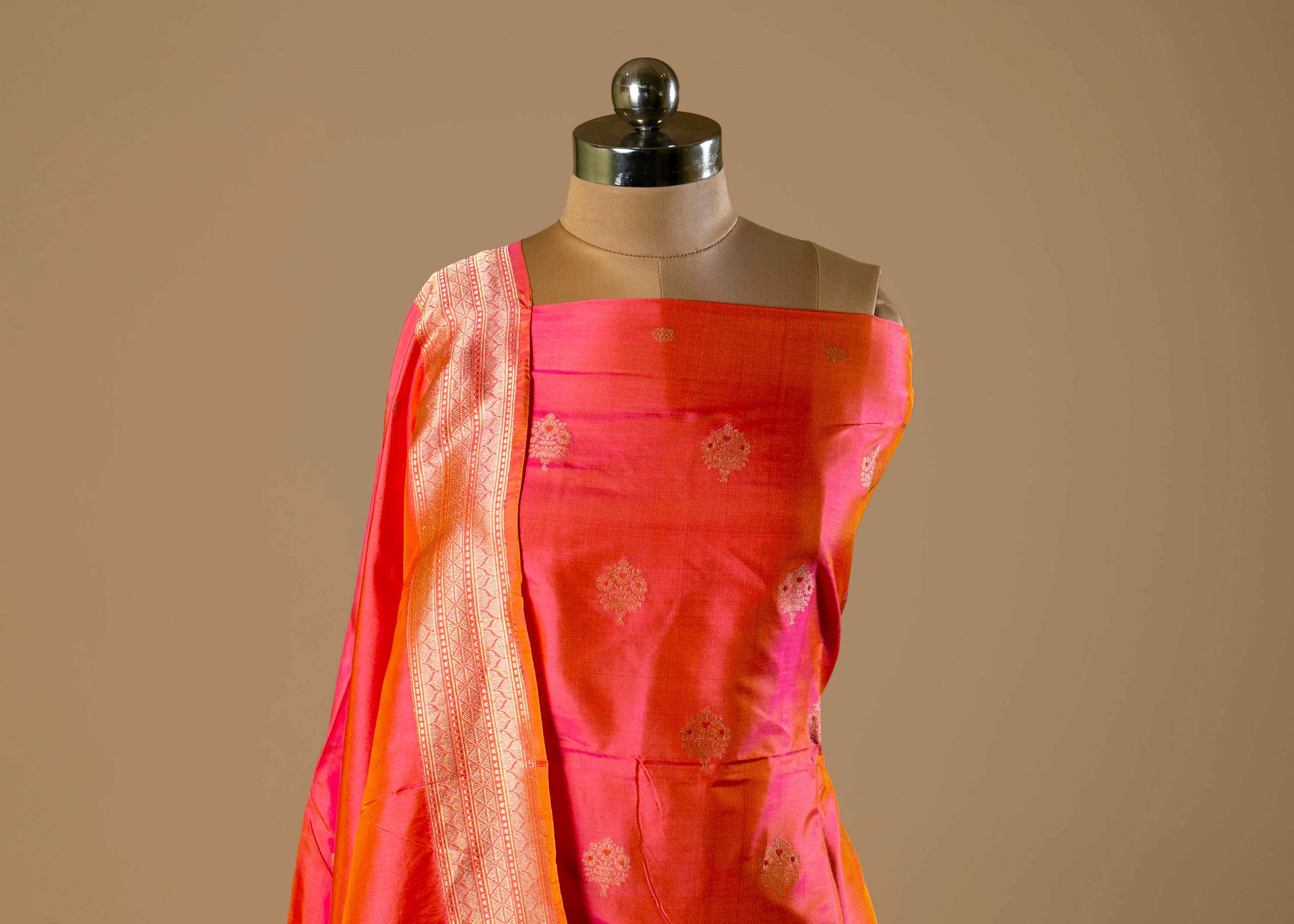 Soft Pure Silk Peach Suit with Intricate Floral Motifs