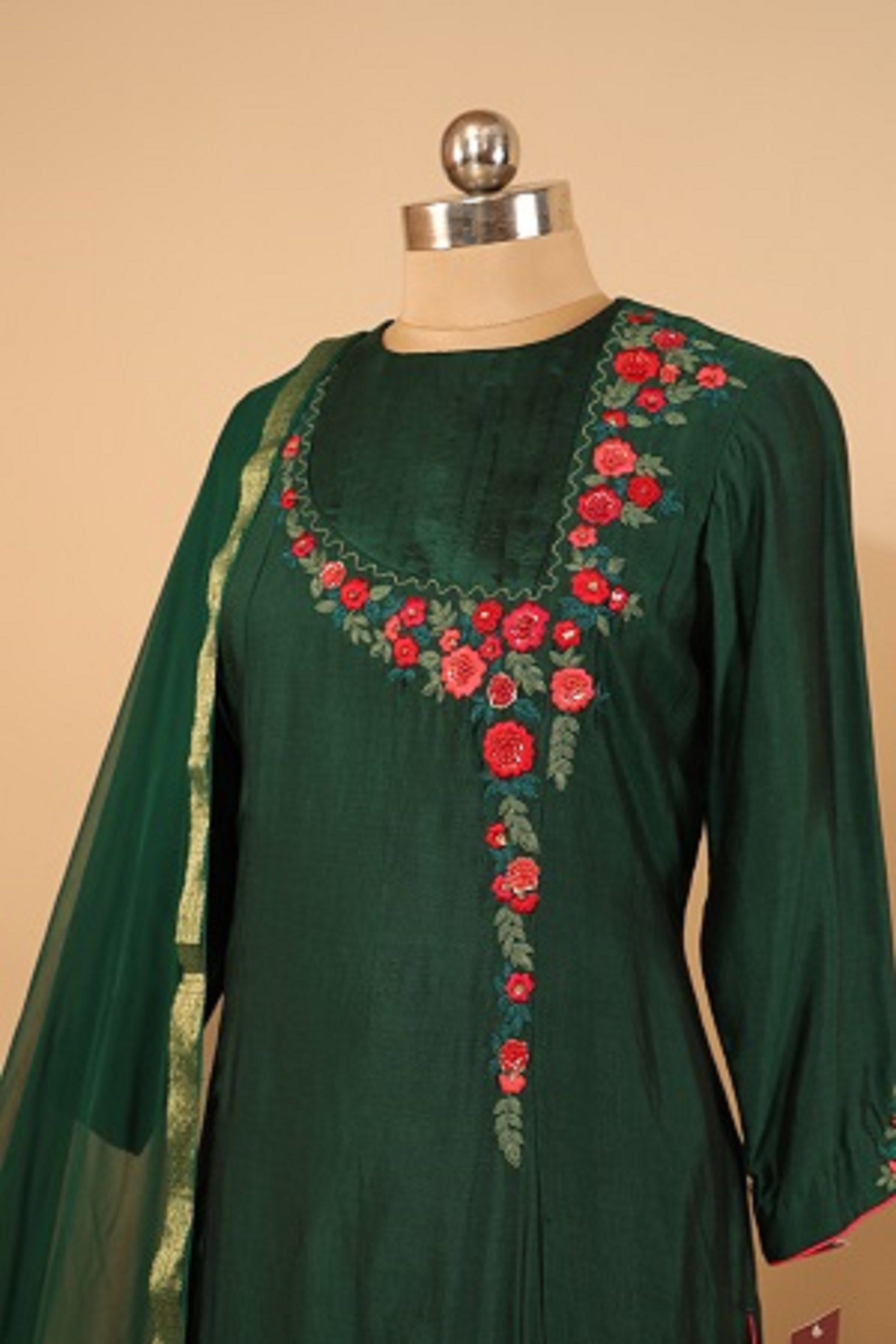 Pure Silk Dark Green Hand Embroidered Suit Dupatta