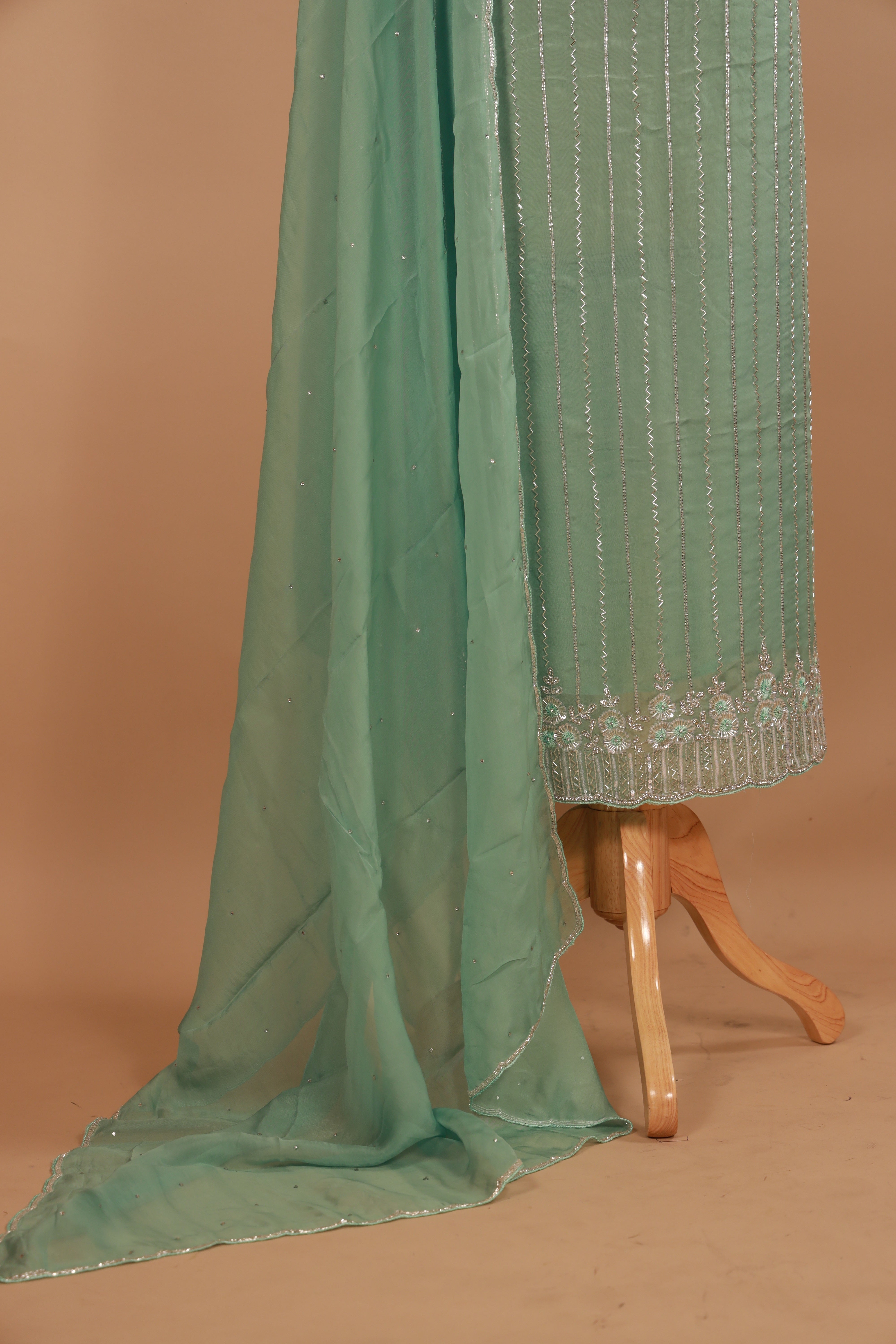 Hand Embroidered Green Organza suit Dupatta