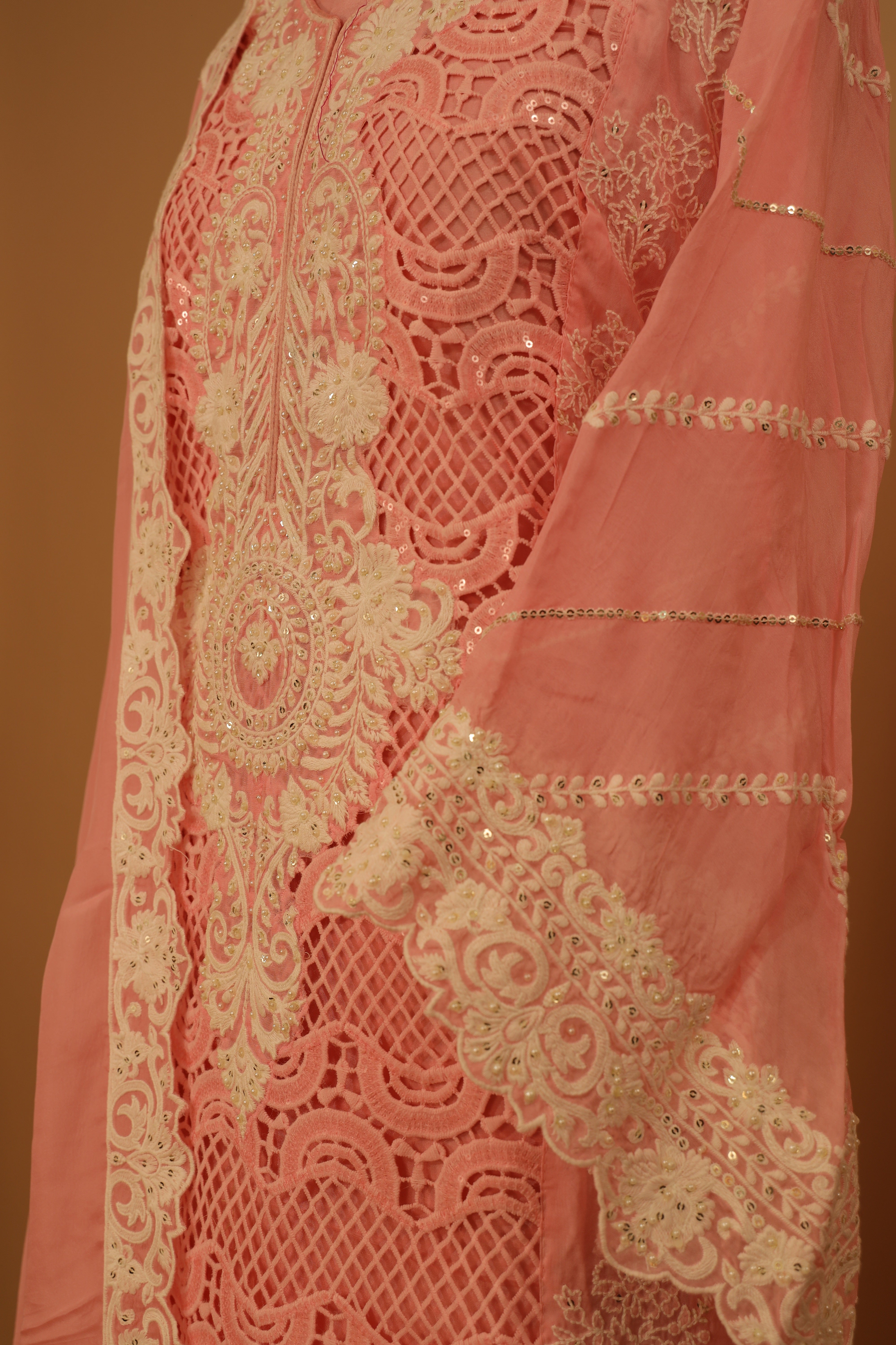 Designer Pink Embroidered Cutwork Organza Suit Dupatta