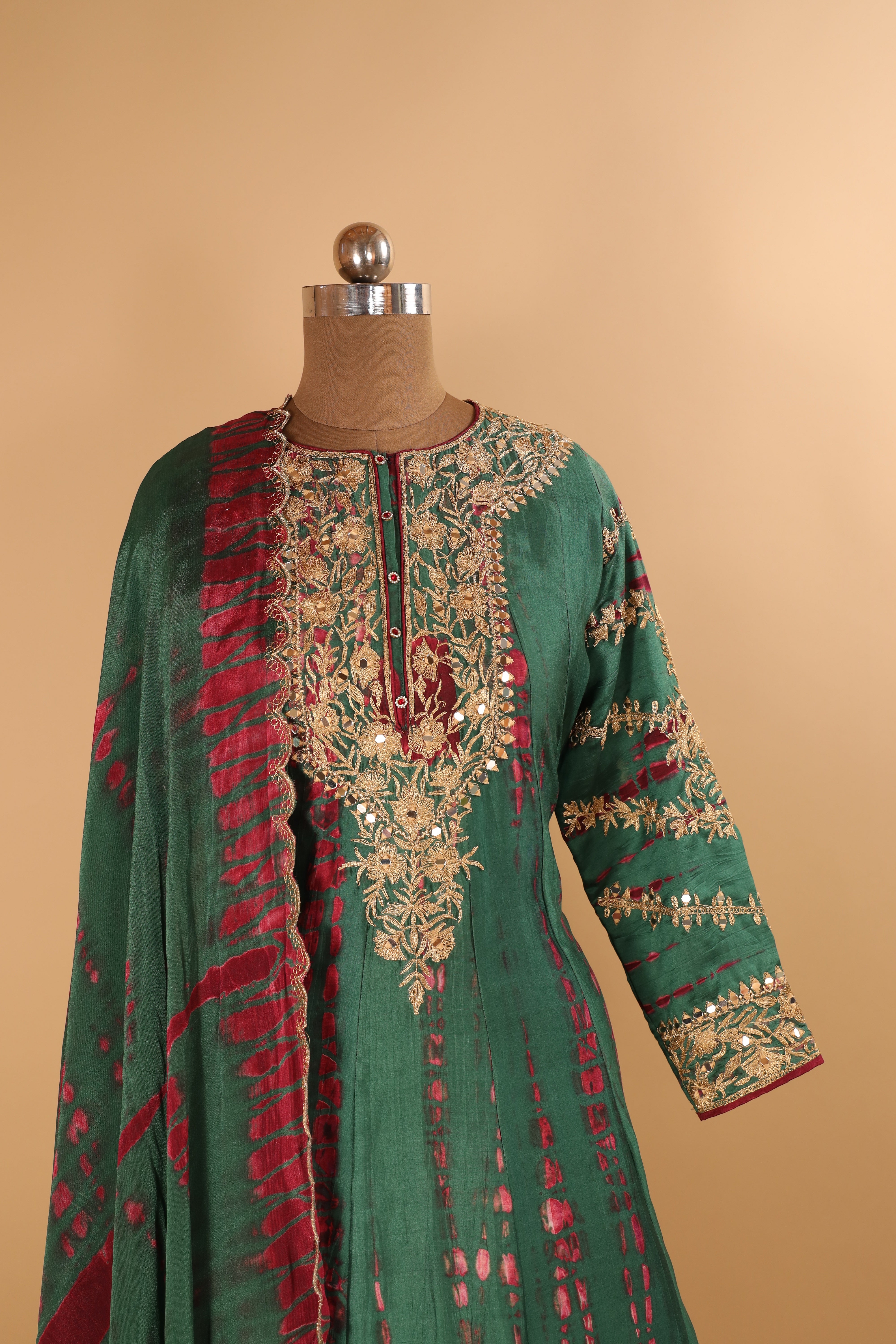 Pure Silk Tie&Dye Dori and Mirror Work Anarkali Suit Dupatta