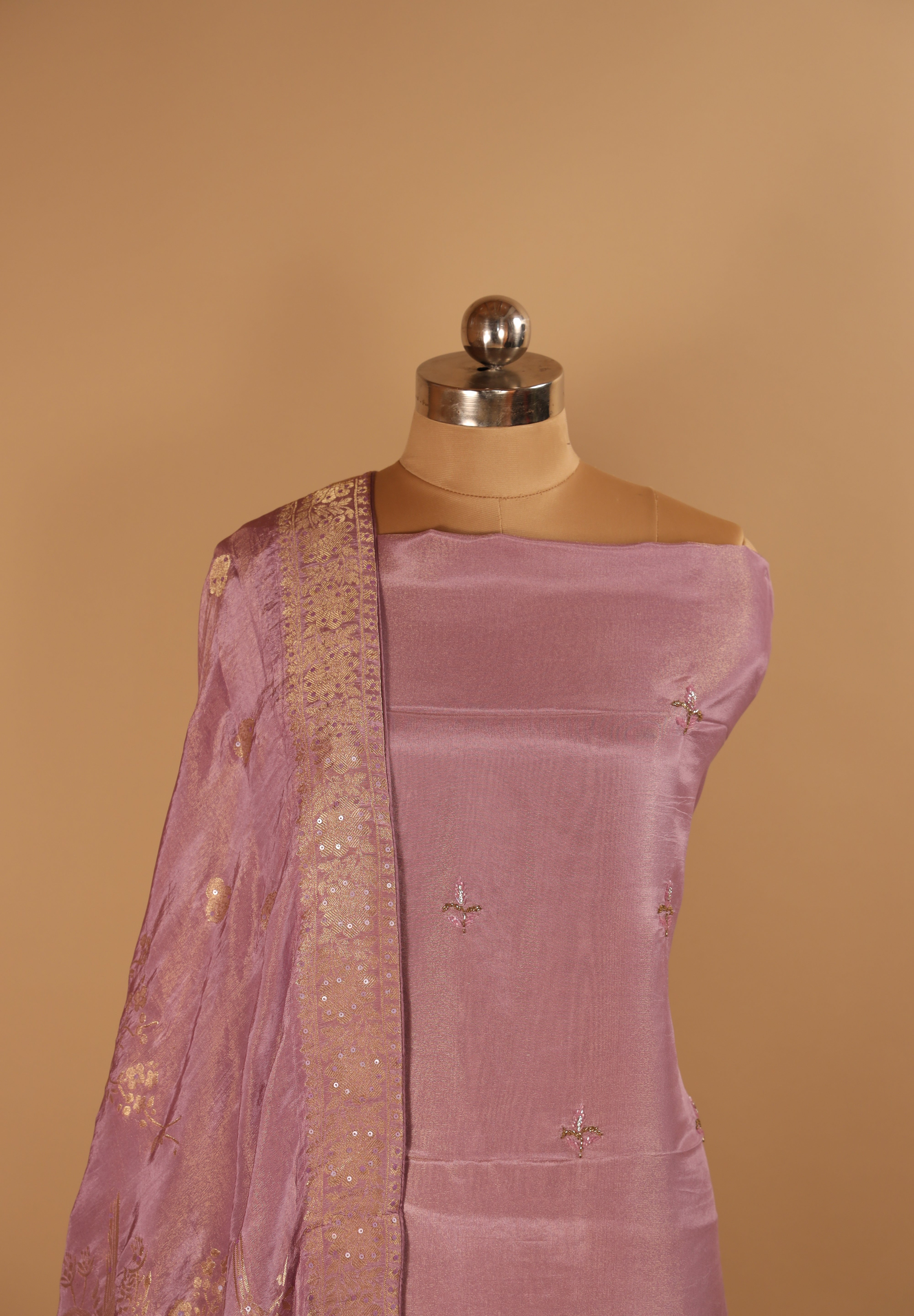 Hand embroidered Lilac tissue georgette suit with banarasi dupatta