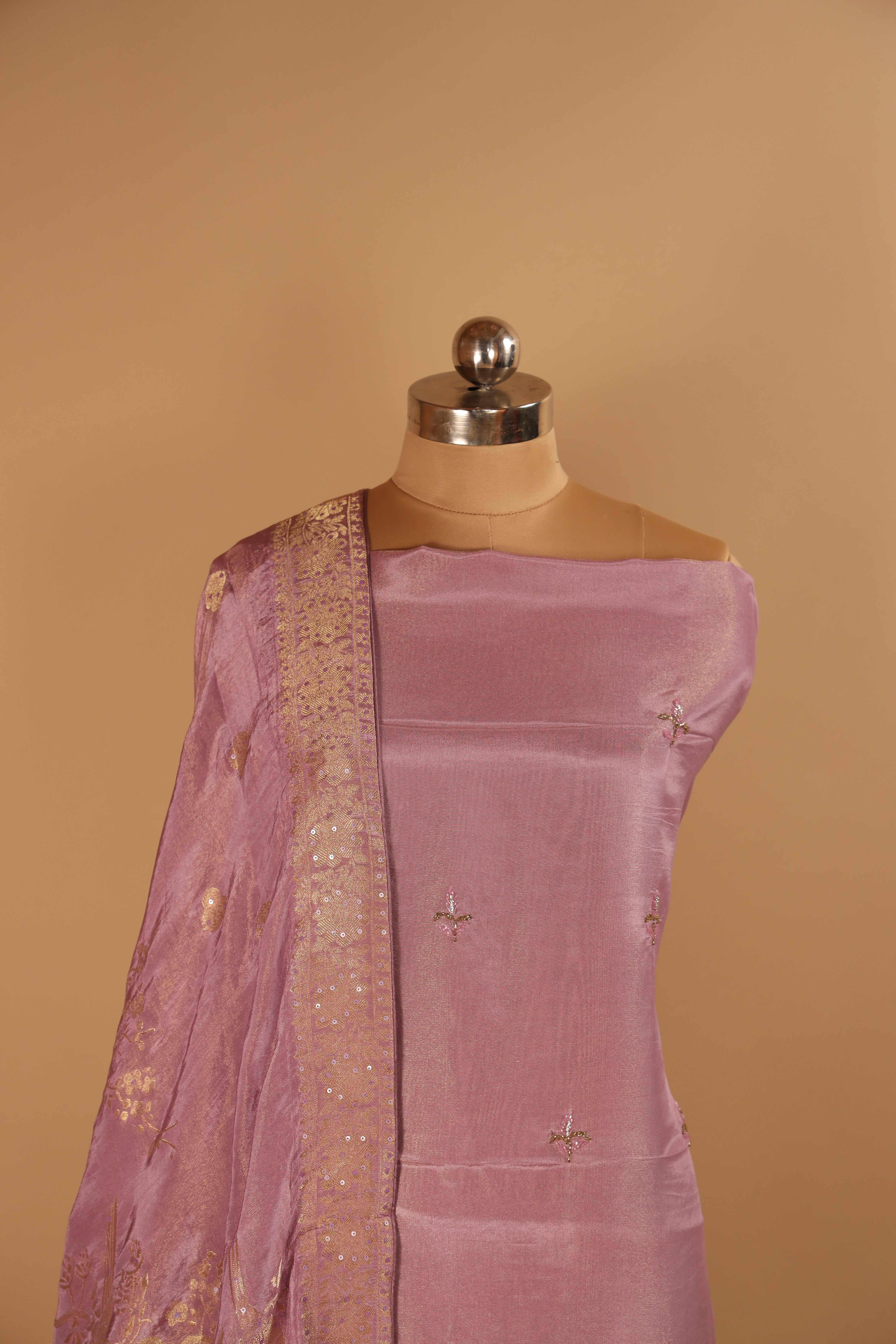 Hand embroidered Lilac tissue georgette suit with banarasi dupatta
