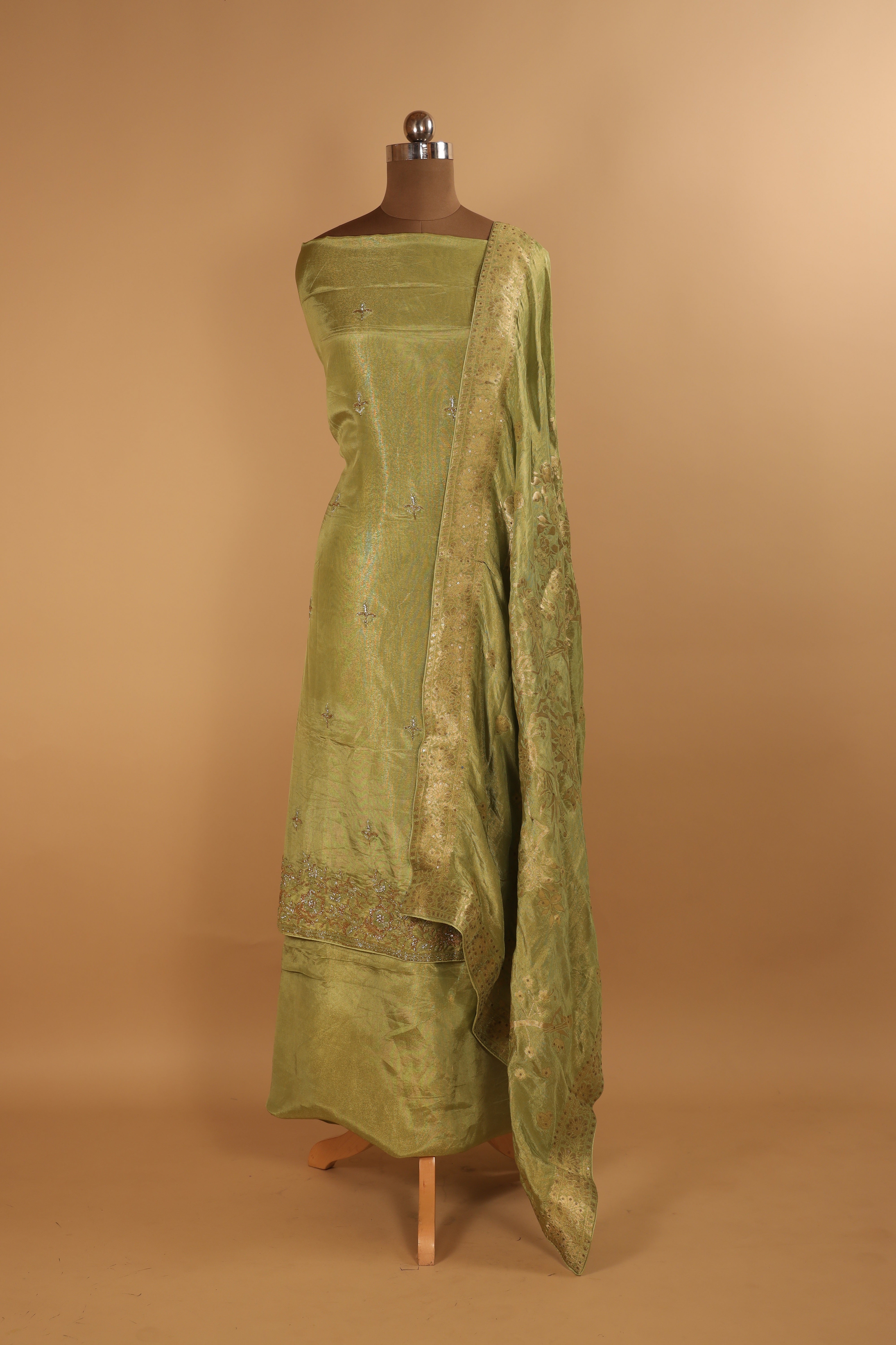 Hand embroidered green tissue georgette suit with banarasi dupatta