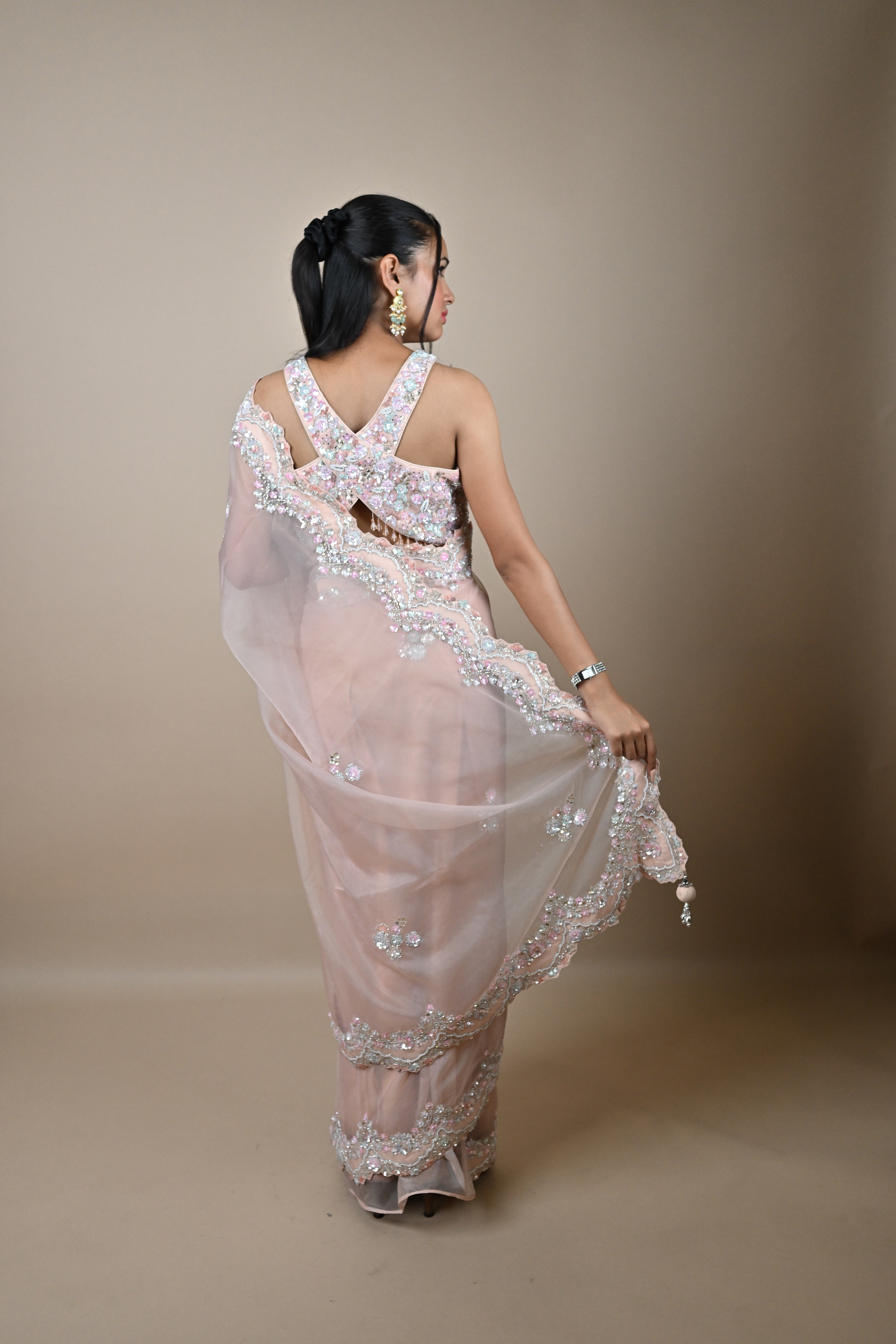 Hand embroidered Nude Pink Pure Organza saree