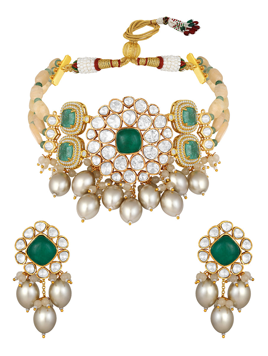 Designer Gold Polish Brass with Kundan Polki Necklace Set