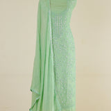 Hand-Embroidered Coral Green Organza Suit with Jaal Pattern