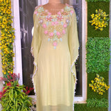 Opulent green georgette organza hand embroidered kaftan with Jewel-Embellished four side border