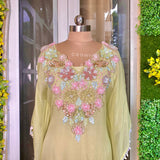 Opulent green georgette organza hand embroidered kaftan with Jewel-Embellished four side border