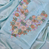 Opulent Sky Blue georgette organza hand embroidered kaftan with designer four side border