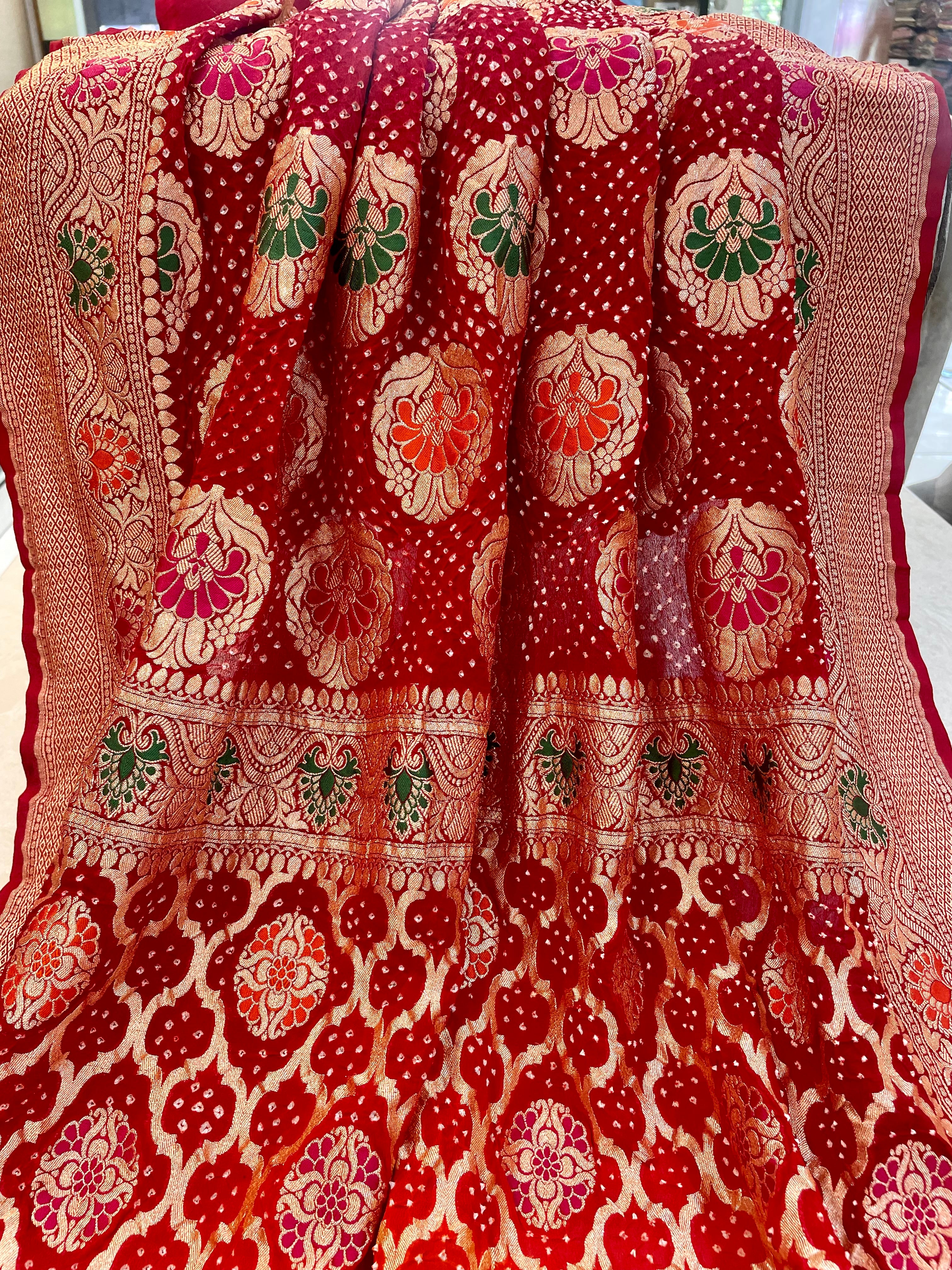 Handwoven Pure Bandhani Banarasi Red Saree Blouse