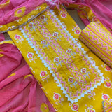 Summer cool yellow hand embroidered cotton suit dupatta