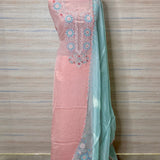 designer pink blue embroidered georgette organza suit dupatta