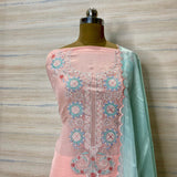 designer pink blue embroidered georgette organza suit dupatta