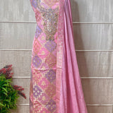 Embroidered Peach Mal Chanderi Suit with Bird Motif and Threaded Neckline