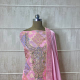 Embroidered Peach Mal Chanderi Suit with Bird Motif and Threaded Neckline