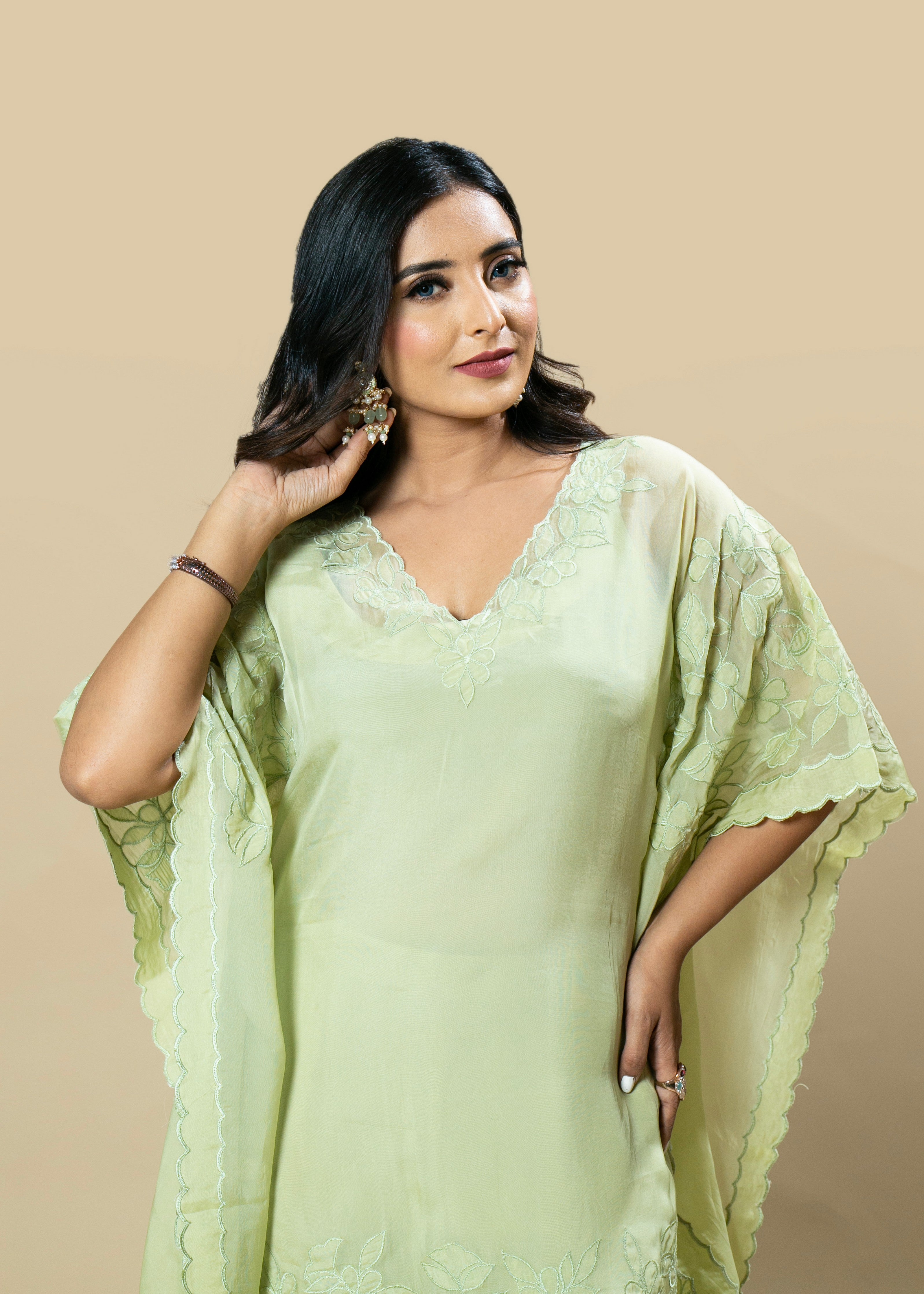 Georgette Organza Handcrafted Applique Lime Green kaftan