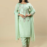 Lime Green Hand Embroidered Chinnon Designer Suit with Chiffon Dupatta