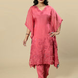 Gajri Pink Georgette Organza Handcrafted Applique kaftan Set with Crystal