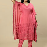 Gajri Pink Georgette Organza Handcrafted Applique kaftan Set with Crystal