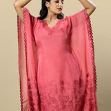 Gajri Pink Georgette Organza Handcrafted Applique kaftan Set with Crystal