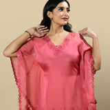 Gajri Pink Georgette Organza Handcrafted Applique kaftan Set with Crystal