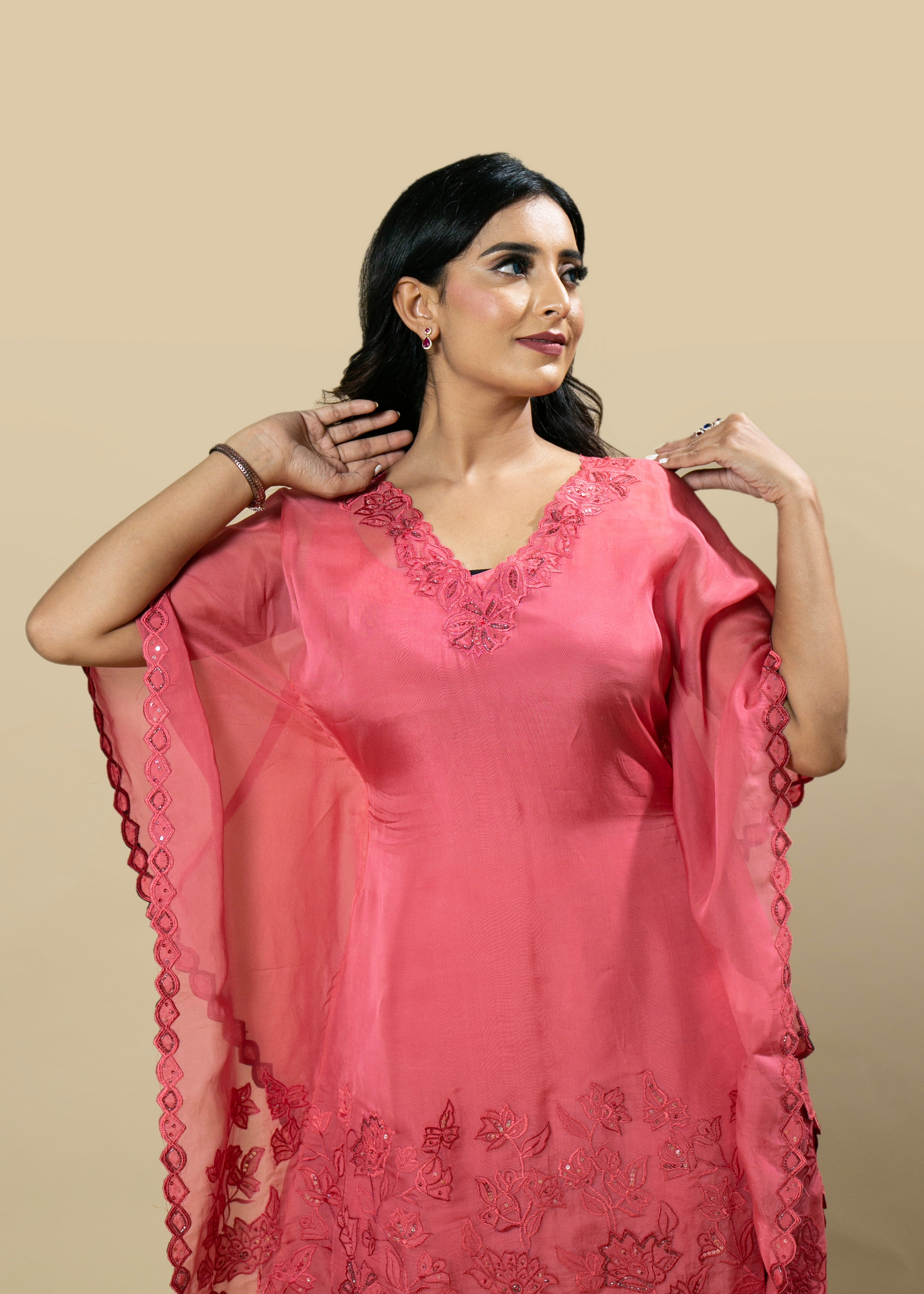 Gajri Pink Georgette Organza Handcrafted Applique kaftan Set with Crystal