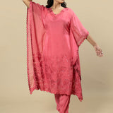 Gajri Pink Georgette Organza Handcrafted Applique kaftan Set with Crystal