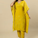 Sunflower Yellow Georgette Organza Handcrafted Applique Kaftan Set