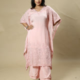 Pink Georgette Organza Handcrafted Pearl and Applique Kaftan Set.