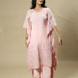 Pink Georgette Organza Handcrafted Pearl and Applique Kaftan Set.