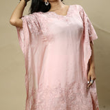 Pink Georgette Organza Handcrafted Pearl and Applique Kaftan Set.