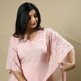 Pink Georgette Organza Handcrafted Pearl and Applique Kaftan Set.