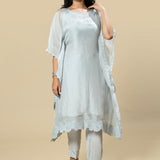 Grey Georgette Organza Handcrafted Applique Kaftan Set