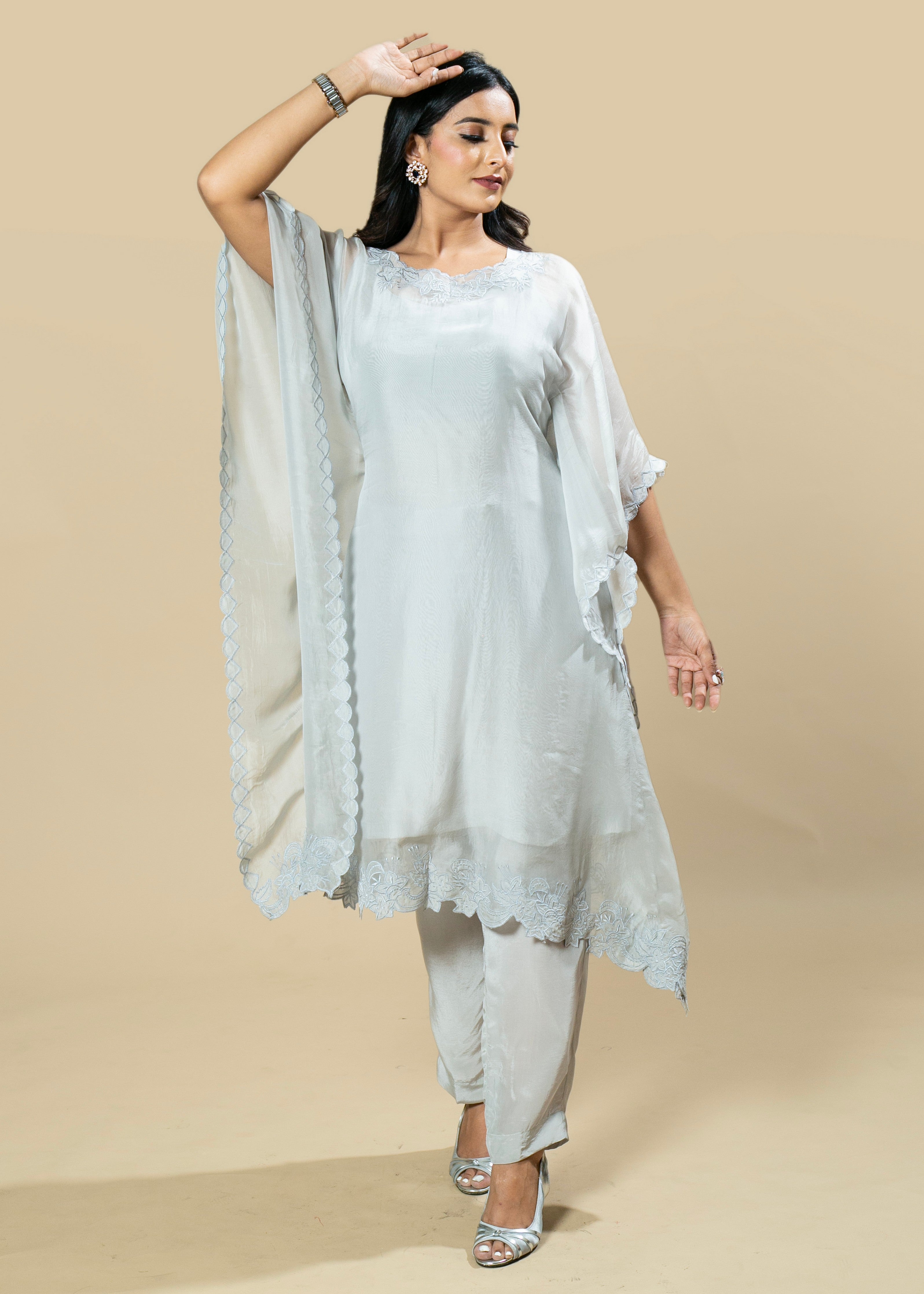 Grey Georgette Organza Handcrafted Applique Kaftan Set