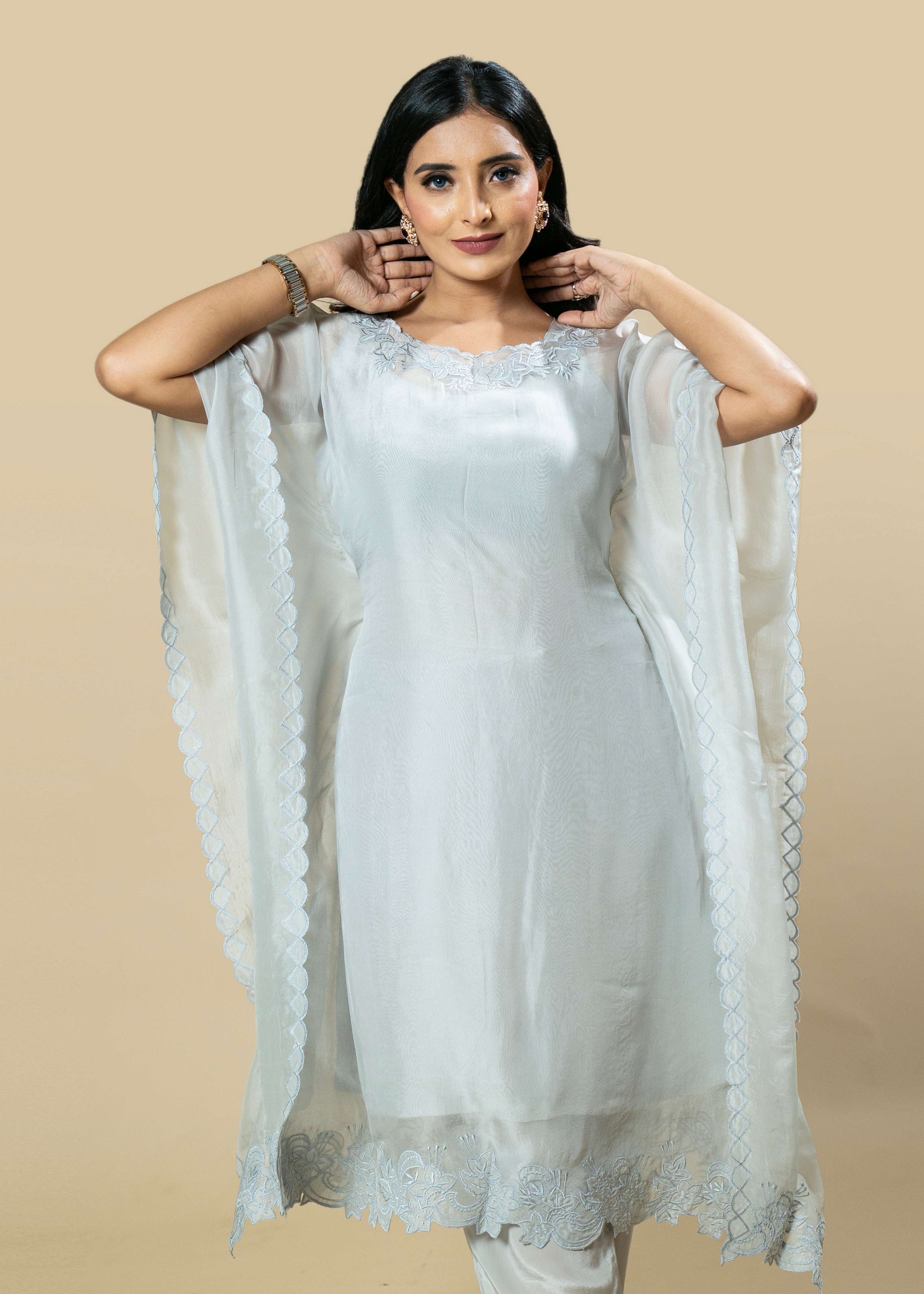 Grey Georgette Organza Handcrafted Applique Kaftan Set