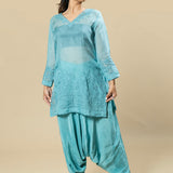 blue Georgette Organza Handcrafted Applique Kaftan Set