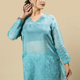 blue Georgette Organza Handcrafted Applique Kaftan Set