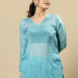 blue Georgette Organza Handcrafted Applique Kaftan Set