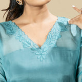 blue Georgette Organza Handcrafted Applique Kaftan Set