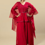 Red Georgette Organza Hand Embroidered Peplum Dress Set