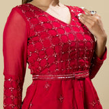 Red Georgette Organza Hand Embroidered Peplum Dress Set