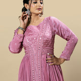 Pink Chinnon Hand Embroidered Mirror Work Flared Anarkali Set