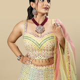 Multi-Colored Embroidered Georgette Blouse and Skirt Set with Pink Net Dupatta