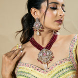 Multi-Colored Embroidered Georgette Blouse and Skirt Set with Pink Net Dupatta