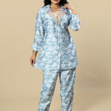 Ice blue Hand-Embroidered Abstract Print Muslin Coord Set